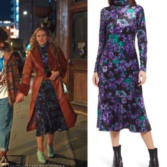 & Other Stories Floral Long Sleeve Crushed Velvet Turtleneck Midi Dress Small - Picture 1 of 7